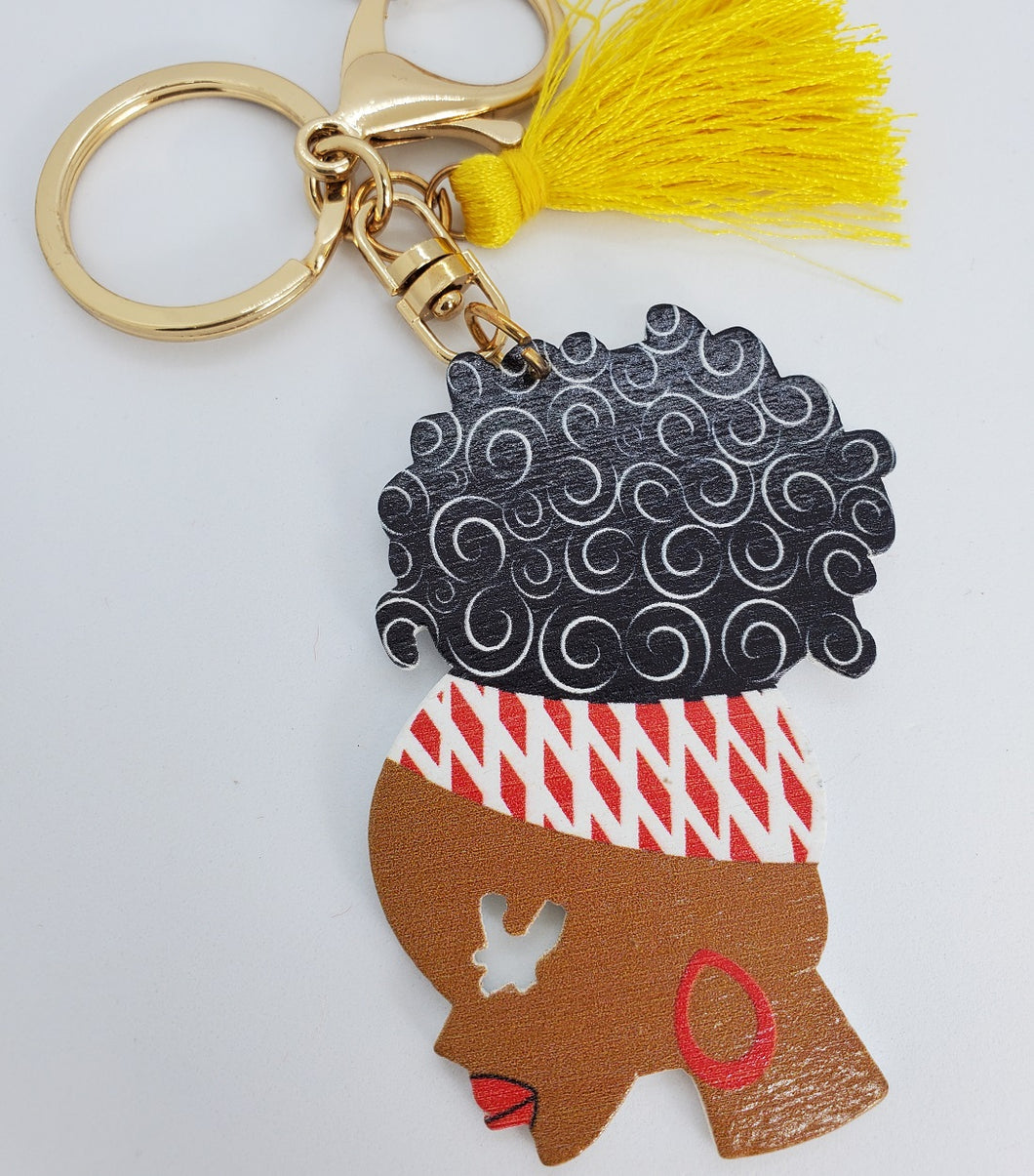 Gold Keychain with Black Girl in Multi Colored Head Band Ponytail Yellow Tassel