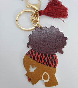 Gold Keychain with Black Girl in Multi Colored Head Band Ponytail Burgundy Tassel