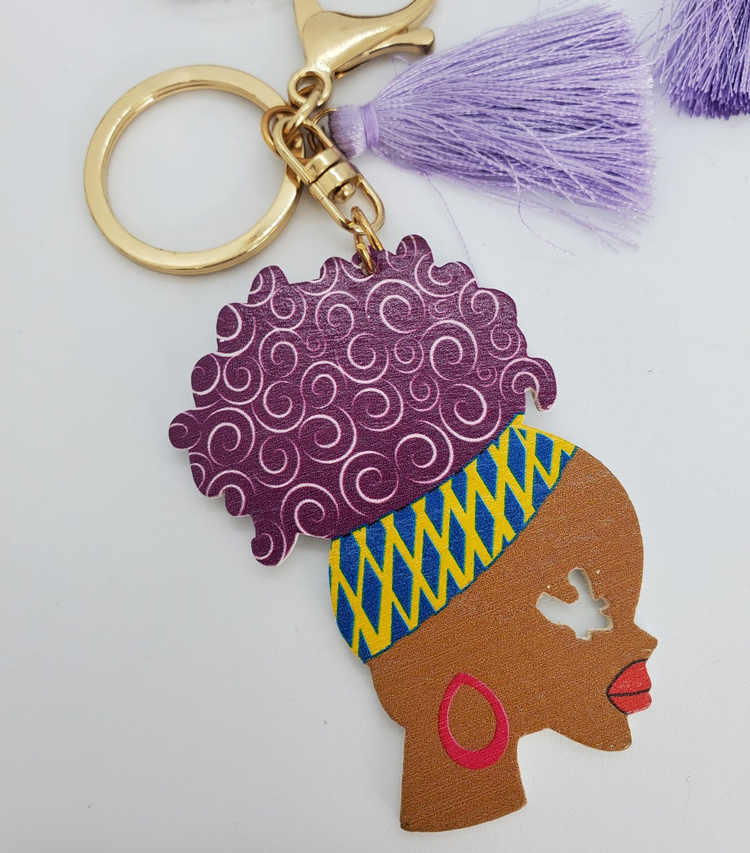 Gold Keychain with Black Girl in Multi Colored Head Band Ponytail Purple Tassel