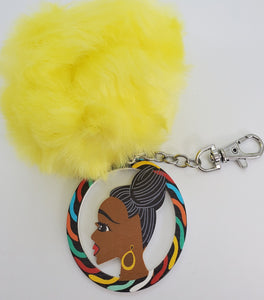 Colorful Wooden Black Girl Magic Hoop - Keychain with Yellow Pom-Pom