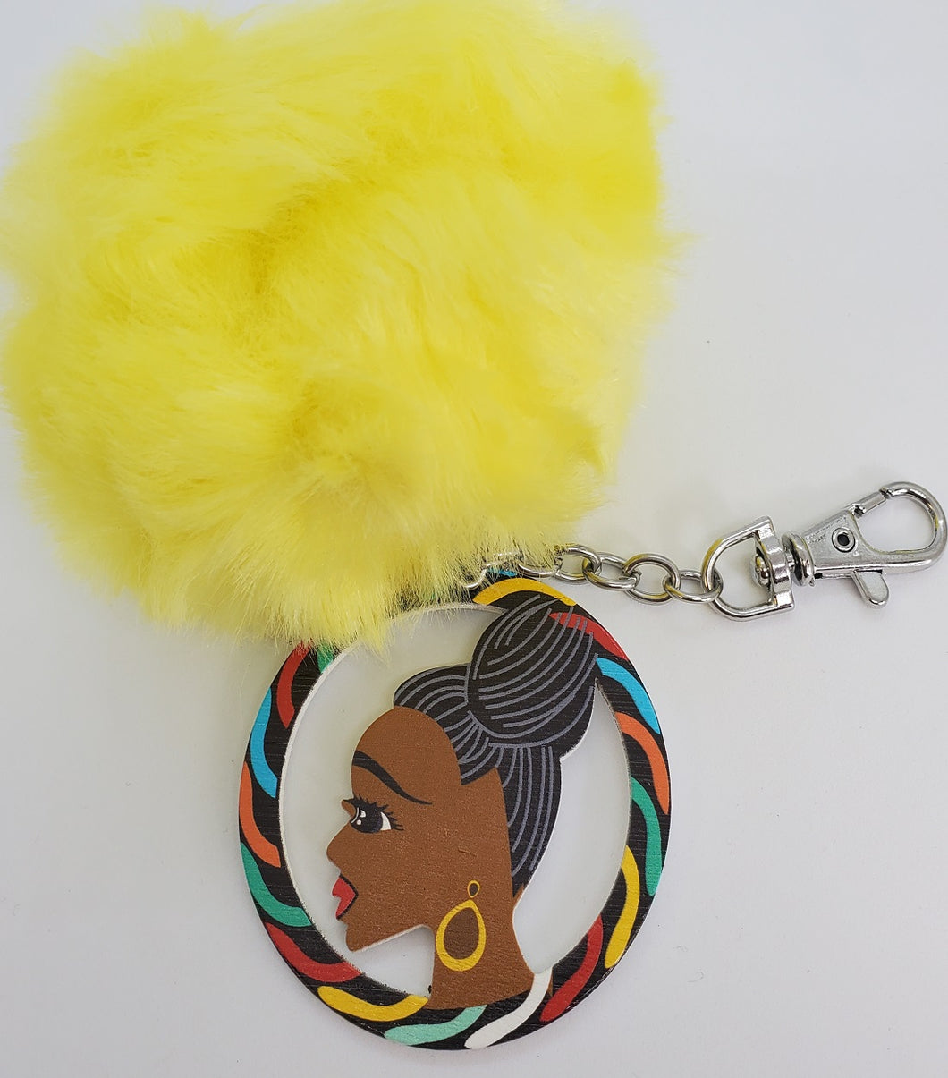 Colorful Wooden Black Girl Magic Hoop - Keychain with Yellow Pom-Pom