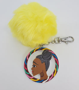 Colorful Wooden Black Girl Magic Hoop - Keychain with Yellow Pom-Pom