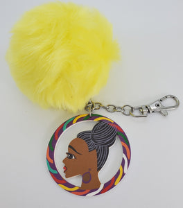 Colorful Wooden Black Girl Magic Hoop - Keychain with Yellow Pom-Pom