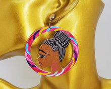 Load image into Gallery viewer, Colorful Wooden Black Girl Magic Pink Hoop Earrings
