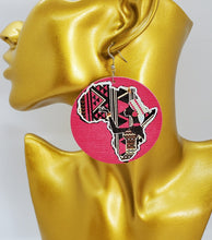 Load image into Gallery viewer, Acrylic Dangling Circle Disc Earrings Hot Pink with African Continent
