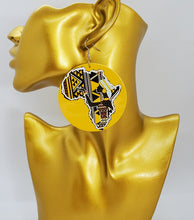 Load image into Gallery viewer, Acrylic Dangling Circle Disc Earrings Yellow with African Continent
