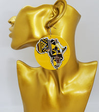 Load image into Gallery viewer, Acrylic Dangling Circle Disc Earrings Yellow with African Continent
