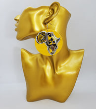 Load image into Gallery viewer, Acrylic Dangling Circle Disc Earrings Yellow with African Continent
