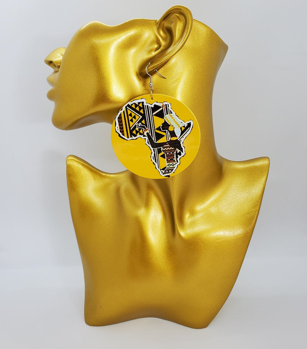 Acrylic Dangling Circle Disc Earrings Yellow with African Continent