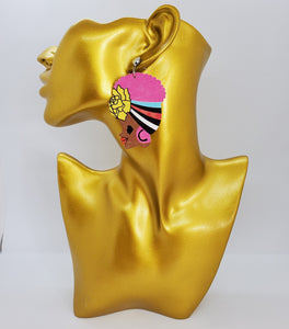 Colorful Wooden Dangling Island Girl with Pink Hair Earrings