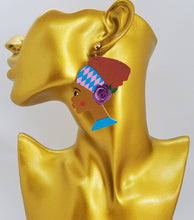 Load image into Gallery viewer, Multi Colored Wooden Dangling Burgundy Hair Queen Earrings
