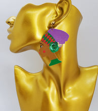 Load image into Gallery viewer, Multi Colored Wooden Dangling Purple Hair Queen Earrings
