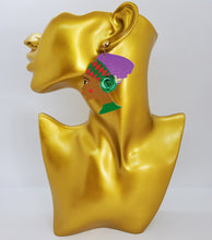 Load image into Gallery viewer, Multi Colored Wooden Dangling Purple Hair Queen Earrings

