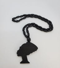 Load image into Gallery viewer, Wooden Black Beaded African Woman Queen Necklace
