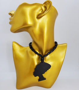 Wooden Black Beaded African Woman Queen Necklace