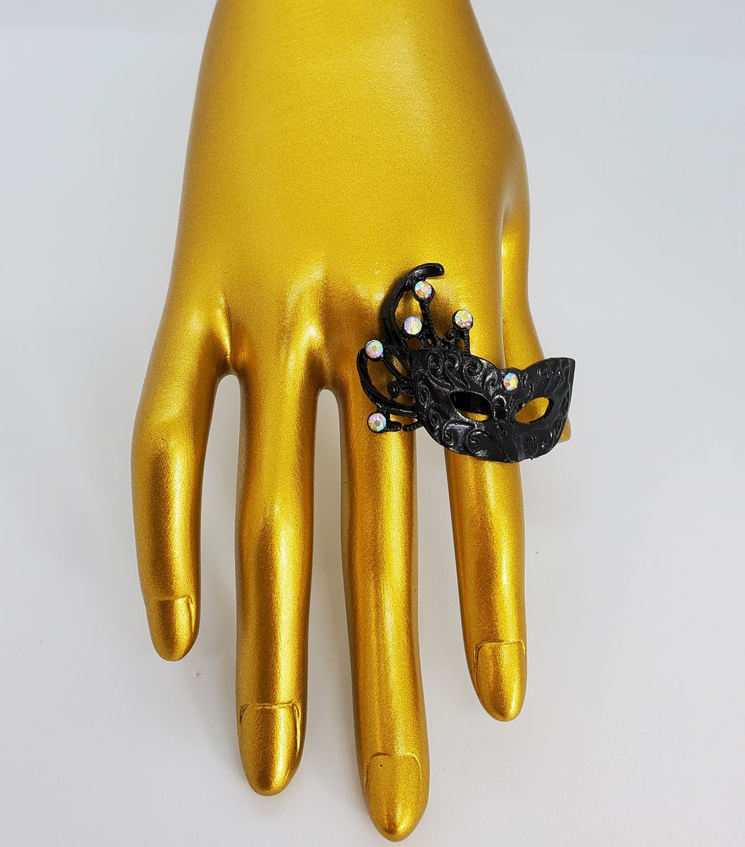 Metallic Black and Crystal Adjustable Masquerade Ring