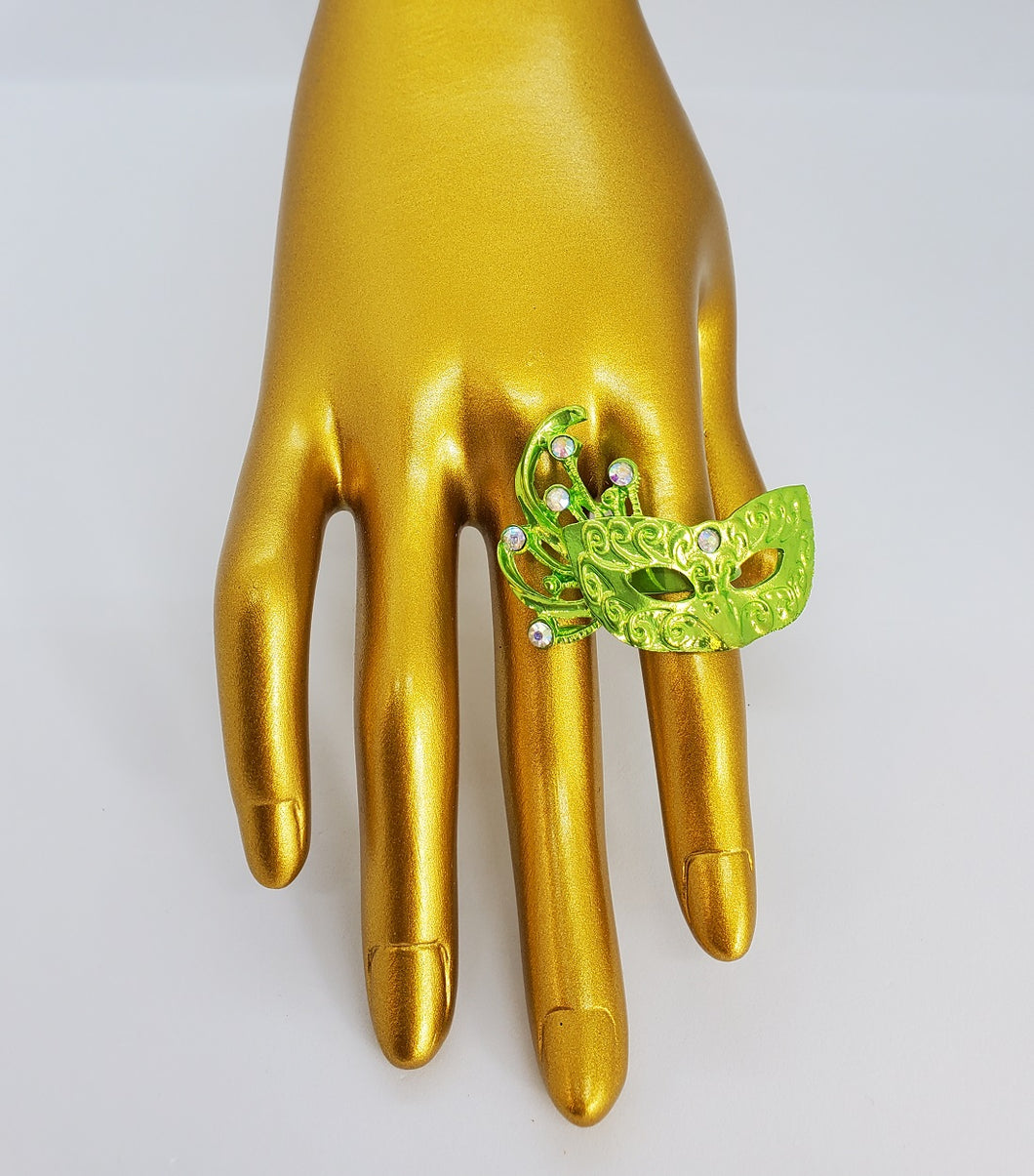 Metallic Green and Crystal Adjustable Masquerade Ring