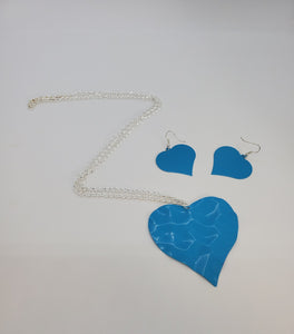 Silver Chain with Blue Heart Necklace and Earrings Set