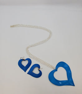 Silver Chain with Blue Open Heart Necklace and Earrings Set
