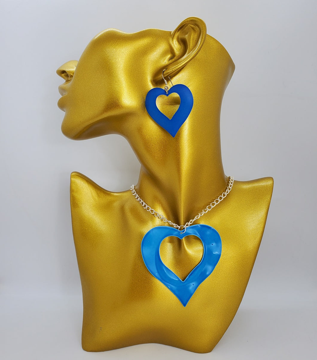 Silver Chain with Blue Open Heart Necklace and Earrings Set