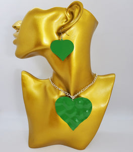 Silver Chain with Green Heart Necklace and Earrings Set