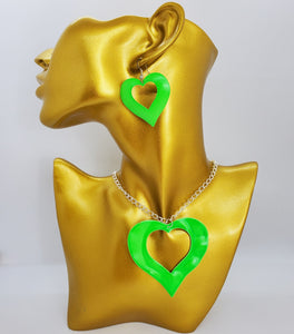 Silver Chain with Green Open Heart Necklace and Earrings Set