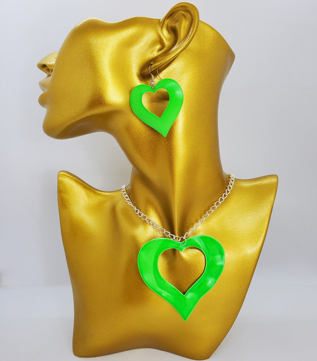 Silver Chain with Green Open Heart Necklace and Earrings Set