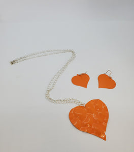 Silver Chain with Orange Heart Necklace and Earrings Set