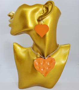 Silver Chain with Orange Heart Necklace and Earrings Set