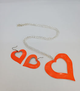 Silver Chain with Orange Open Heart Necklace and Earrings Set