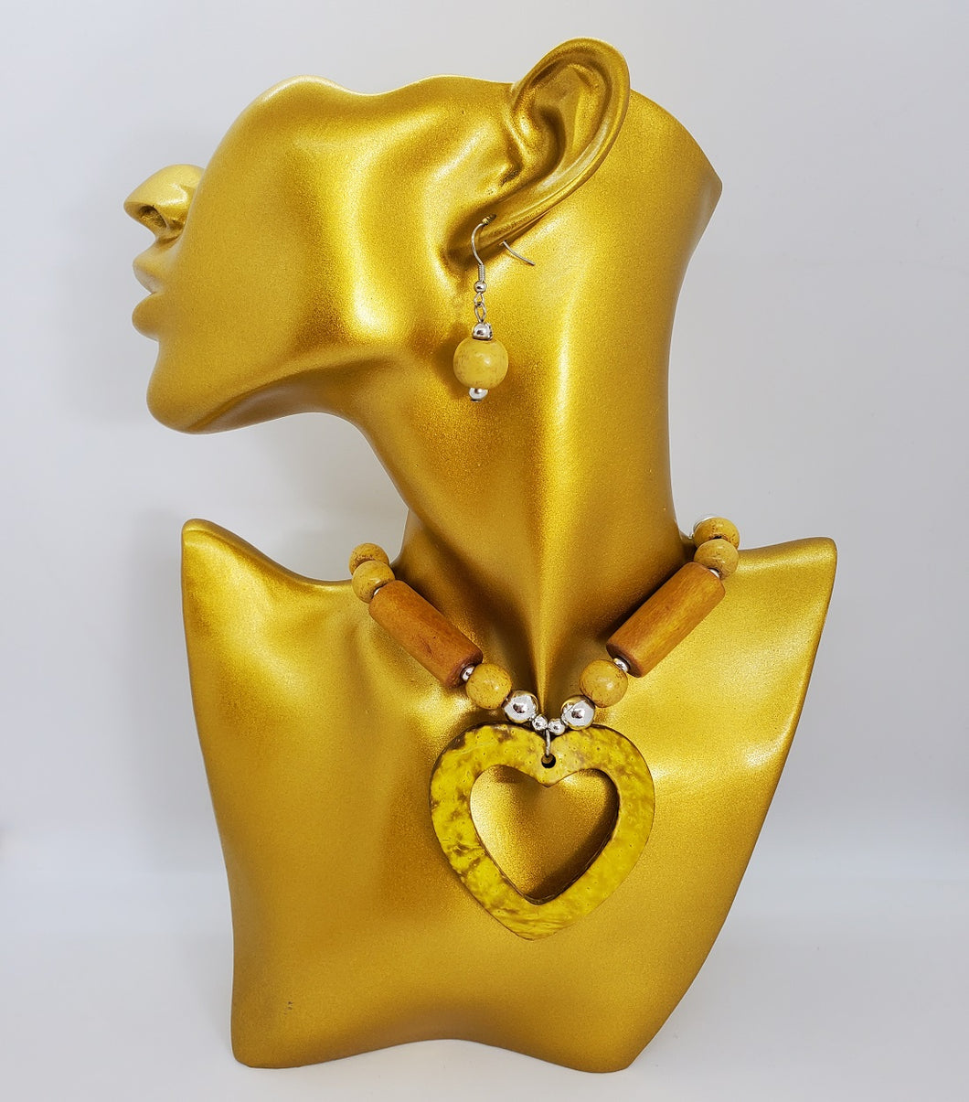 Acrylic Wooden Gold Heart with Silver Necklace and Earrings Set
