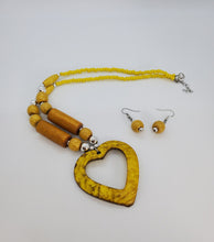 Load image into Gallery viewer, Acrylic Wooden Gold Heart with Silver Necklace and Earrings Set
