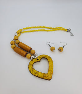 Acrylic Wooden Gold Heart with Silver Necklace and Earrings Set