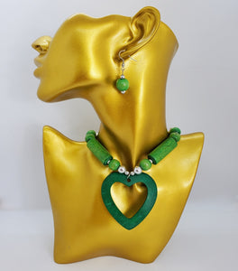 Acrylic Wooden Green Heart with Silver Necklace and Earrings Set