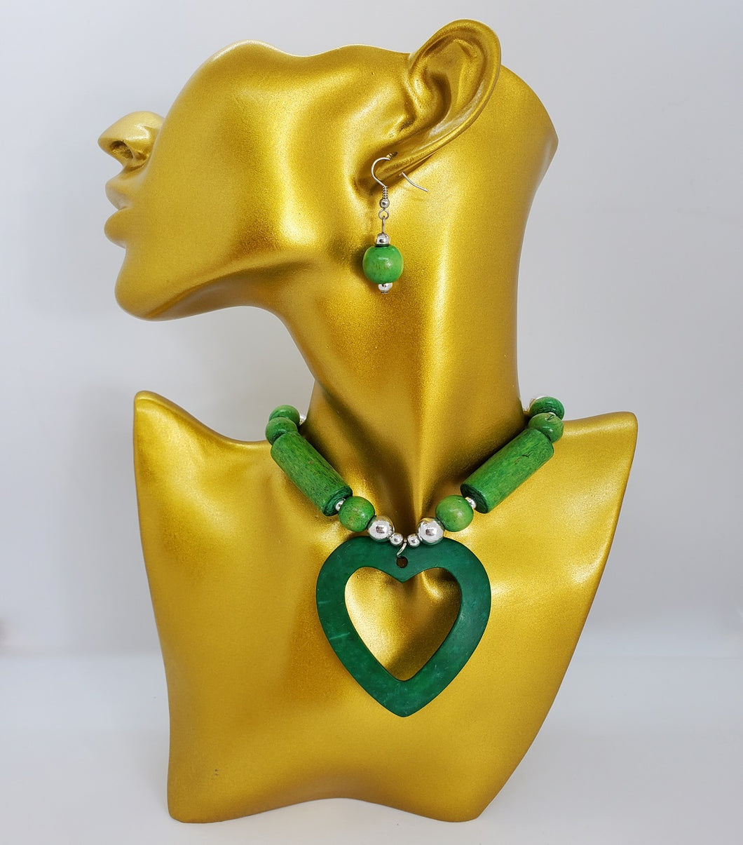 Acrylic Wooden Green Heart with Silver Necklace and Earrings Set