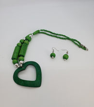 Load image into Gallery viewer, Acrylic Wooden Green Heart with Silver Necklace and Earrings Set

