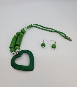 Acrylic Wooden Green Heart with Silver Necklace and Earrings Set