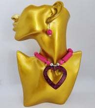 Load image into Gallery viewer, Acrylic Wooden Hot Pink Heart with Silver Necklace and Earrings Set
