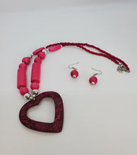 Load image into Gallery viewer, Acrylic Wooden Hot Pink Heart with Silver Necklace and Earrings Set
