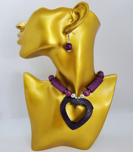 Acrylic Wooden Purple  Heart with Silver Necklace and Earrings Set