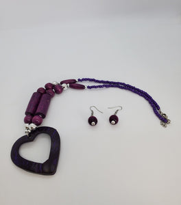 Acrylic Wooden Purple  Heart with Silver Necklace and Earrings Set
