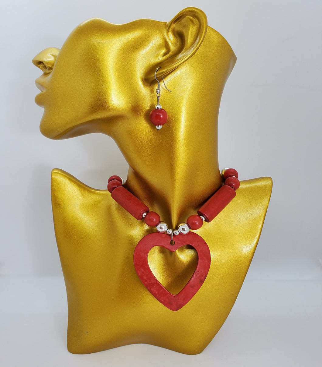Acrylic Wooden Red Heart with Silver Necklace and Earrings Set