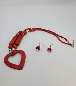Acrylic Wooden Red Heart with Silver Necklace and Earrings Set