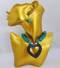 Load image into Gallery viewer, Acrylic Wooden Turquoise Heart with Silver Necklace and Earrings Set
