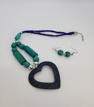 Load image into Gallery viewer, Acrylic Wooden Turquoise Heart with Silver Necklace and Earrings Set
