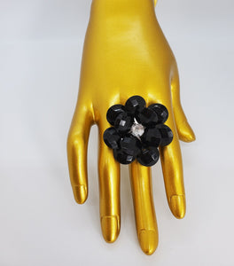 Translucent Black and Crystal Adjustable Fashion Flower Ring