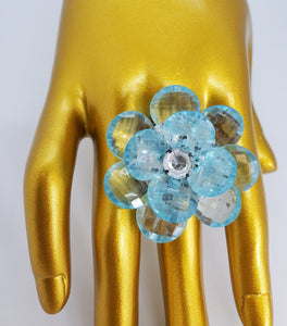 Translucent Blue and Crystal Adjustable Fashion Flower Ring
