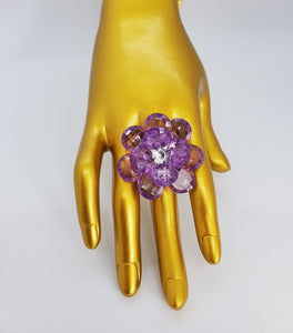 Translucent Purple and Crystal Adjustable Fashion Flower Ring