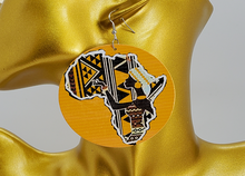 Load image into Gallery viewer, Acrylic Dangling Circle Disc Earrings Gold with African Continent
